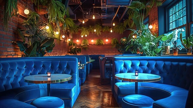 The interior corner booth at a long, empty nightclub with large, blue plush velvet seating and brick walls with plants around. Generative AI.