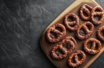 Chocolate Covered Pretzels on Wooden Board