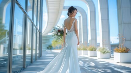Fototapeta premium Happy Japanese bride standing outside a modern building with tall, curved columns. The bride wears a sleek, backless white wedding dress with thin straps, flowing train that sweeps gracefully.