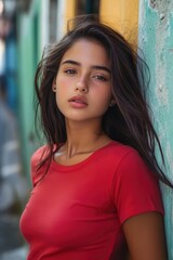 Naklejka premium Young Woman Leaning Against Wall