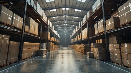 Fototapeta premium Package warehouse. A large warehouse with numerous items. Rows of shelves with boxes. Logistics. Generative AI.
