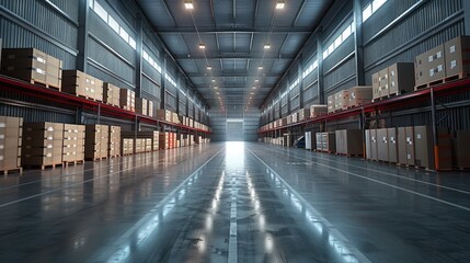 Fototapeta premium Package warehouse. A large warehouse with numerous items. Rows of shelves with boxes. Logistics. Generative AI.