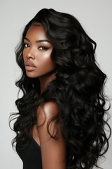 Hair Extensions Loose Wave. Beautiful Black Woman with Curly Human Hair Weft Texture