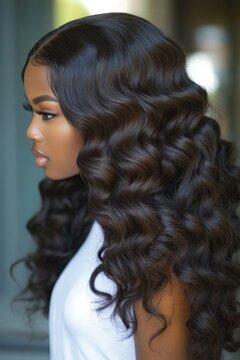 Hair Extensions Loose Wave. Beautiful Black Woman with Curly Human Hair Extension
