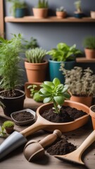 Potted plants on shelves and table including herbs and succulents with a wooden spade and small greenhouse nearby.