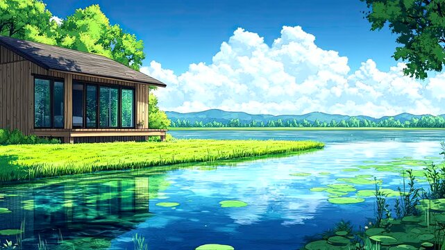 Modern lakeside cabin with large windows reflecting on the tranquil water, surrounded by lush greenery. Nature retreat concept. Seamless looping 4k time-lapse video background