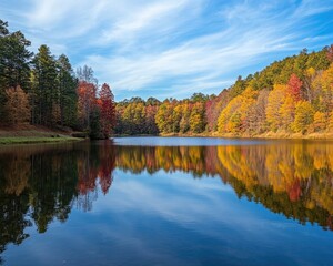 Fototapeta premium Kingsport Tennessee. Fall Landscape: Autumn Trees Reflecting in Bays Mountain Lake