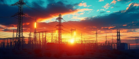 Fototapeta premium Switchgear gearbox transformers at a high-voltage electrical substation