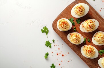 Deviled Eggs on Wooden Cutting Board