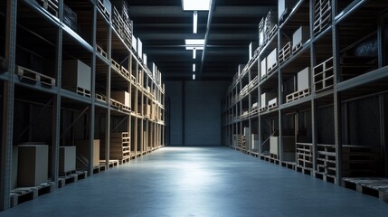 Obraz premium Store Closed For Inventory. Industrial Warehouse with Pallet Racks and Distribution Shelves