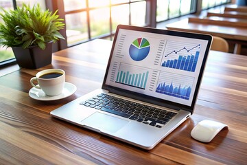 A modern laptop displays a financial dashboard with interactive charts, graphs, and real-time market data, surrounded