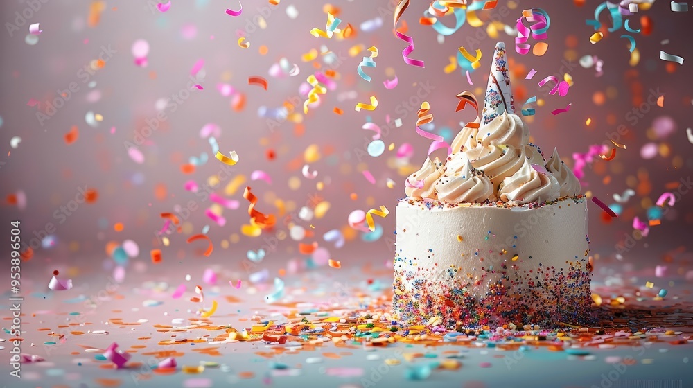 Poster birthday cap with cake confetti and serpentine explosion huge. copy space. generative ai.