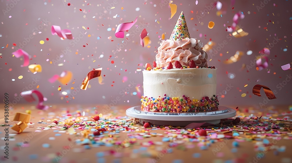 Poster birthday cap with cake confetti and serpentine explosion huge. copy space. generative ai.