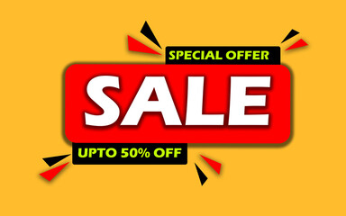 This vibrant image features a bold red banner with the word "SALE" written in large, white letters. The banner is set against a bright yellow background and is surrounded by dynamic black.