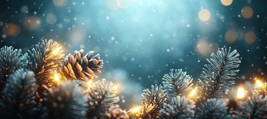 Festive Christmas Garland Bokeh Lights with Blue Backdrop
