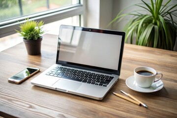 A modern laptop screen displays a blogging platform on a minimalist desk with a cup of coffee and