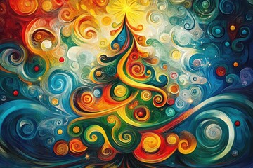 Swirly Christmas Tree. Festive Collection of Colourful Christmas Cards with Balls and Curling Backgrounds
