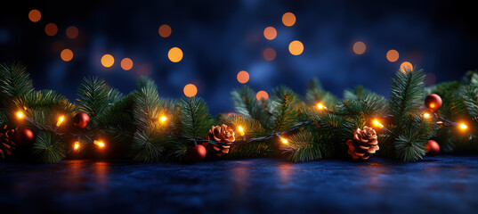 Christmas Garland Bokeh Effect Over Dark Blue