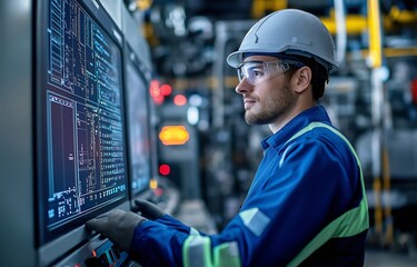 A control system worker keeping an eye on an industrial pipeline power plant's operator room