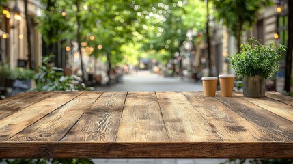 Fototapeta premium Rustic Wooden Tabletop with Blurred City Street and Coffee Cups in Focus A Cozy Outdoor Cafe Setting Coffee