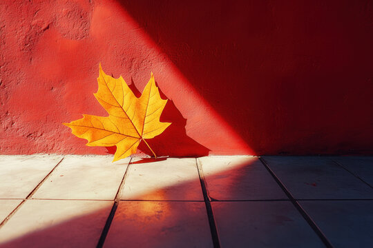 yellow maple leaf in autumn leaning on red wall on ground in sunlight tiled floor space for text