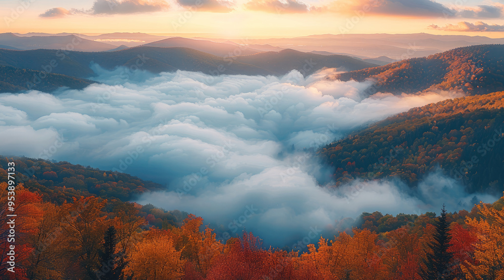 Poster A mountain landscape at dawn, where a sea of clouds fills the valleys below. The peaks of the mountains emerge above the clouds, covered in dense forests with vibrant autumn foliage. Generative AI.