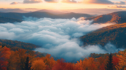 Naklejka premium A mountain landscape at dawn, where a sea of clouds fills the valleys below. The peaks of the mountains emerge above the clouds, covered in dense forests with vibrant autumn foliage. Generative AI.