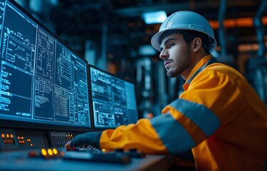 A control system worker keeping an eye on an industrial pipeline power plant's operator room