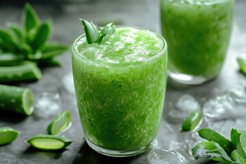 Aloe Vera Smoothie - Fresh Green Drink in Glass with Cream on White Background
