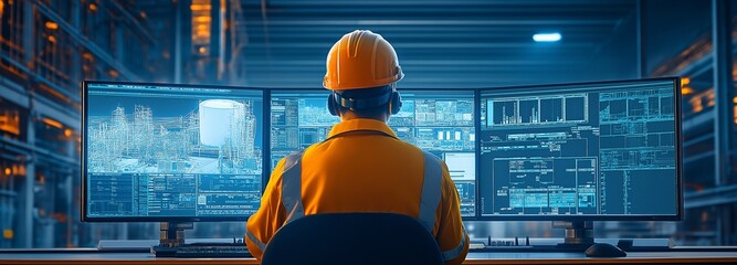 A control system worker keeping an eye on an industrial pipeline power plant's operator room