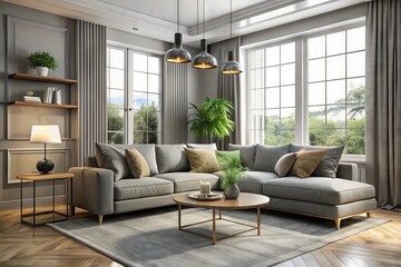 A modern living room with a sleek gray couch situated in front of a large window, surrounded by