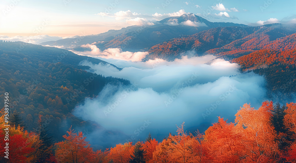 Poster A mountain landscape at dawn, where a sea of clouds fills the valleys below. The peaks of the mountains emerge above the clouds, covered in dense forests with vibrant autumn foliage. Generative AI.