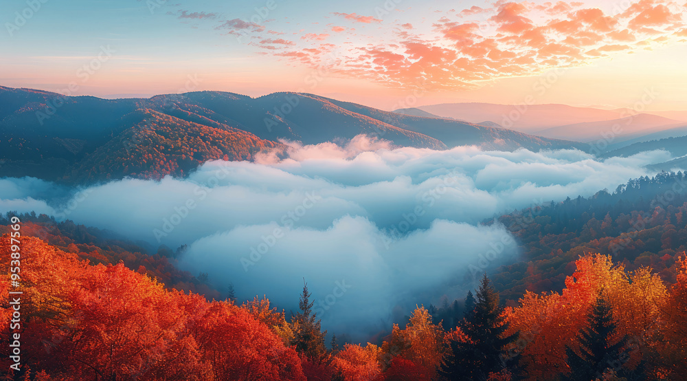 Poster A mountain landscape at dawn, where a sea of clouds fills the valleys below. The peaks of the mountains emerge above the clouds, covered in dense forests with vibrant autumn foliage. Generative AI.