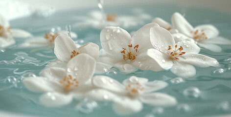 White jasmine flowers with water droplets floating on a blue water surface, creating a serene and...