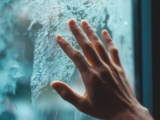 A hand reaching out to touch a frosted window, the cold glass reflecting the longing and isolation in the gesture
