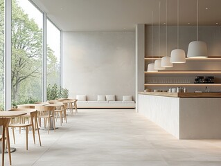 Minimalist Cafe Interior Wideangle perspective of a contemporary cafe with white walls wooden tables and a view of trees through large windows Coffee