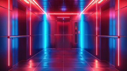 Fototapeta premium A futuristic wall-mounted digital display, the front elevator, facing the main wall with the control panel, cool blue and warm red neon lights. Generative AI.