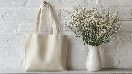 Minimalist Tatami A White Canvas Tote Bag and Delicate Flowers Against a Textured White Wall Tote bag