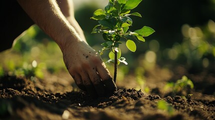 A person planting a tree in a community garden, feeling a deep connection to the earth and future generations, their expression peaceful and purposeful