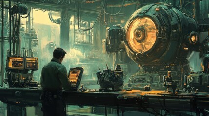 Man Working on a Futuristic Machine in a Factory