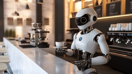 Robot Barista Serving Coffee in a Modern Cafe