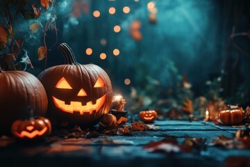 Obraz premium Halloween pumpkins glowing on spooky path at night