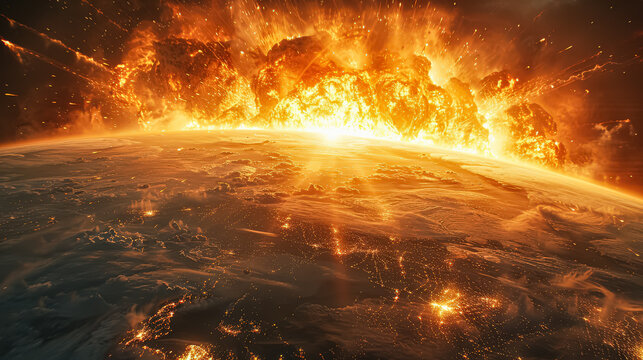 A planet with a bright sun and a cloud of fire. The fire is coming from a comet that is crashing into the planet