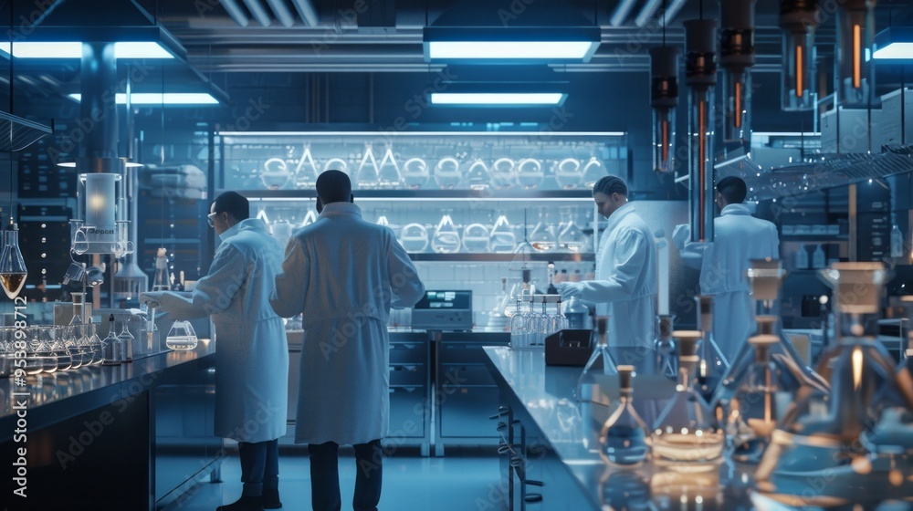 Poster a group of scientists are working in a lab, with a sense of urgency and focus