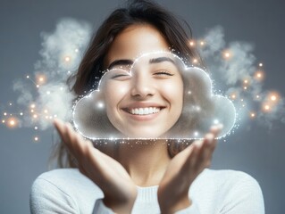 A person smiling with relief as they successfully migrate data to a secure cloud, symbolizing the satisfaction and peace of mind in cloud computing