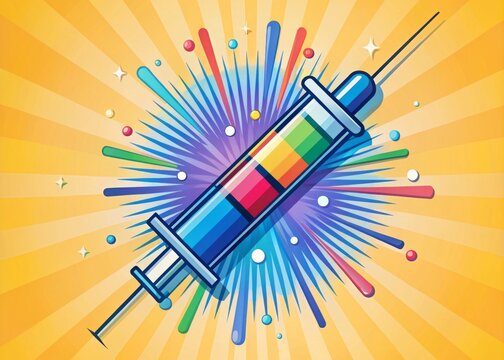 A modern, minimalist illustration of a stylized syringe with a bold, colorful vector design surrounding the needle,
