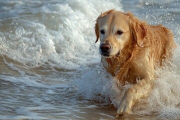 Fauci the Golden Retriever: Dog Coming Out of the Ocean with a Stick in its Mouth
