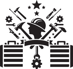 happy labor day workers equipment icons silhouette vector art flat logo design t shirt background illustrations