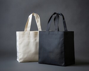 Tatami Texture A Study in Contrasts Two tote bags one white and one black stand sidebyside against a gray backdrop showcasing the unique texture of their fabric Tote bag