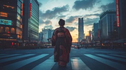A person in traditional clothing standing at the crossroads of a modern city, their expression one of pride and contemplation, symbolizing the balance of past and present